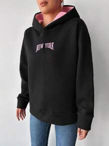 EURMUSE 100%Cotton Letter Graphic Drop Shoulder Hoodie - Black - View 4
