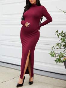 SHEIN Grossesse Robe À Col Roulé Fendu - Rouge - Voir 5