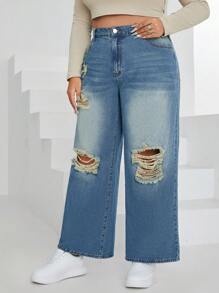 SHEIN EZwear Hơn Quần jean ống rộng rách - Màu xanh lam - Xem 5
