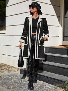 EURMUSE 女式彩塊翻領下肩版型外套 - 黑色 - 查看 5