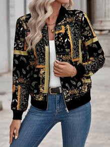 休閒拉鍊佩斯利花紋女士夾克 - 彩色 - 查看 5