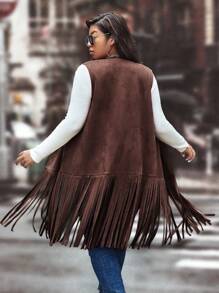 SHEIN LUNE Talla grande Abrigo chaleco bajo con fleco con parte delantera abierta - Marrón Mocha - Ver 2