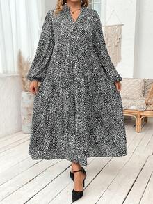 SHEIN Franclia Plus Dalmatian Print Lantern Sleeve Ruffle Hem Smock Dress - Black and White - View 6