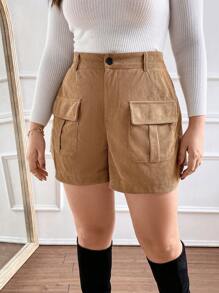SHEIN Essnce Plus Flap Pocket Corduroy Shorts - Khaki - View 1