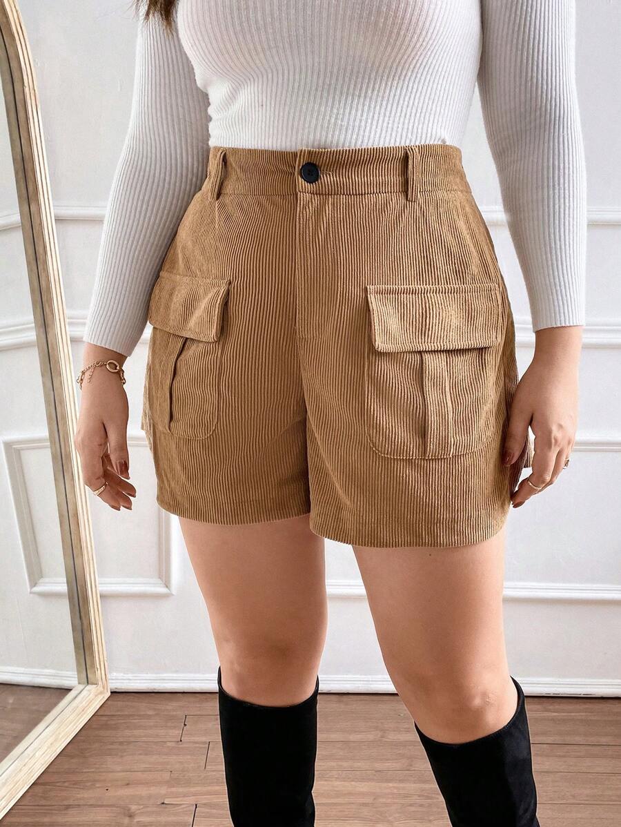 SHEIN Essnce Plus Flap Pocket Corduroy Shorts - Khaki - View 1