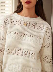 SHEIN Frenchy Women's Dotted Drop Shoulder Sweater - White - View 3