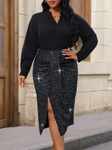 Allurite Plus Notched Neckline Ruched Split Thigh Dress - Black - View 6