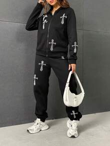 SHEIN Unity Pha lê Hoa văn chữ thập Áo Zip Up Hoodie & Quần nỉ - màu đen - Xem 5