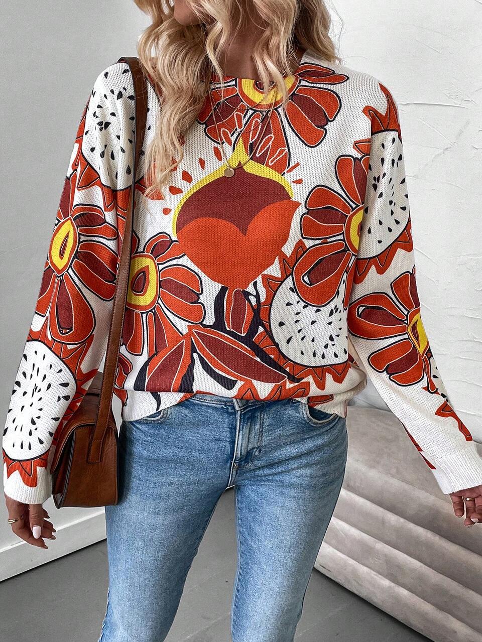 Floral Pattern Drop Shoulder Knit Pullover Fall Winter Sweater