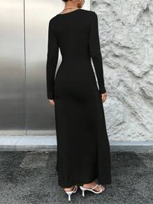 SHEIN Essnce 素色雞心領口抽褶腰洋裝 - 黑色 - 查看 2