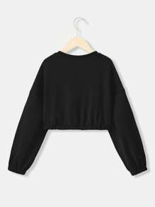 SHEIN 少女圓領長袖純色落肩運動衫，適用於秋冬季節 - 黑色 - 查看 2