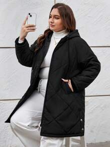 SHEIN Essnce Của phụ nữ Kích thước lớn áo có mũ Mùa Đông Áo khoác Với dây rút - màu đen - Xem 1