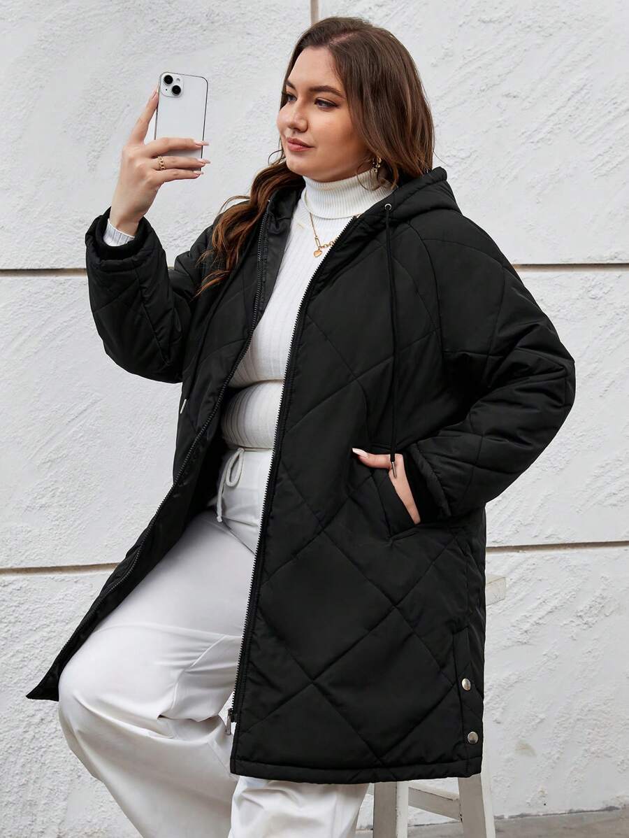 SHEIN Essnce Của phụ nữ Kích thước lớn áo có mũ Mùa Đông Áo khoác Với dây rút - màu đen - Xem 1