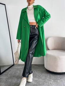 SHEIN Essnce Lapel Neck Double Button Belted Trench Coat - Green - View 2