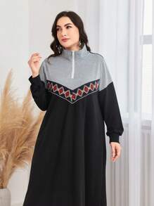 Mulvari 大碼幾何印花撞色半拉鏈衛衣洋裝 - 彩色 - 查看 5