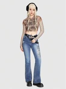 ROMWE Fairycore Floral Embroidery Flare Leg Jeans