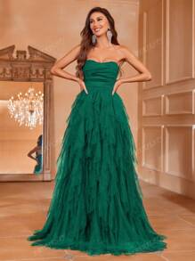 Vestido de novia romántico sin tirantes con falda de tul acampanada y volantes en capas - Perfecto para bodas clásicas, vestido de graduación, recepciones de gala de noche, atuendos de cumpleaños para mujeres, novia