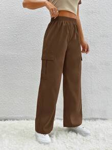 SHEIN PETITE Flip Pocket Cargo Pants - Brown - View 5