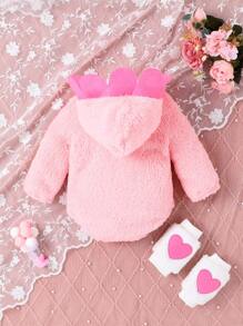 SHEIN Đứa bé gái Thêu hoa & chữ áo có mũ Trang phục Bodysuit - Hồng - Xem 2