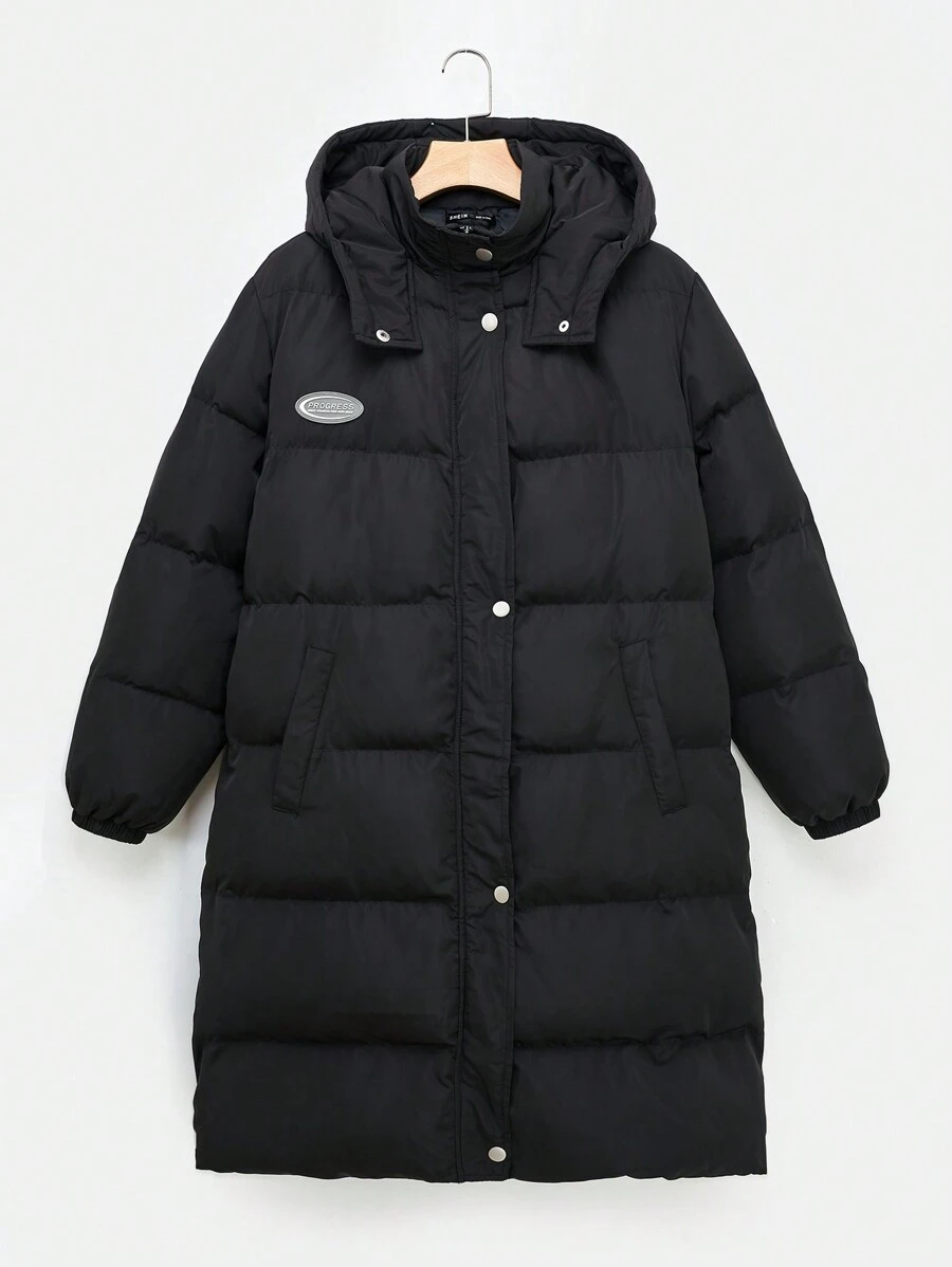 SHEIN EZwear Áo khoác có mũ trùm đầu có khóa kéo vá chữ - màu đen - Xem 1