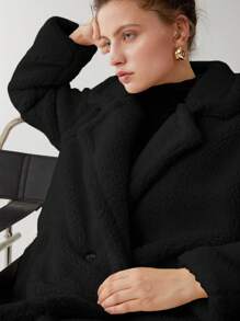 純色翻領單扣毛絨大衣 - 黑色 - 查看 5