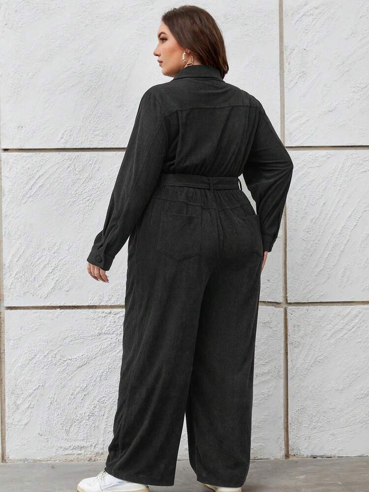 Plus Flap Detail Belted Shirt Jumpsuit