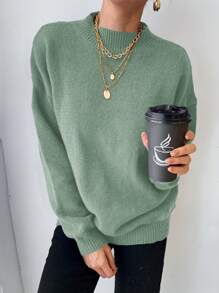EURMUSE Round Neck Solid Color Drop Shoulder Casual Sweater - Mist Green - View 3