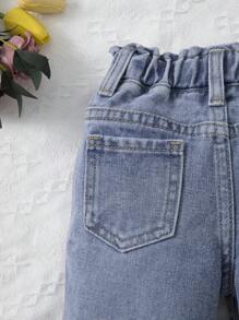 Pantalones Para Niñas Bebes, Lavados Suaves Con Bordado Recto En Mezclilla. - Lavado ligero - Ver 5