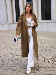 EURMUSE Manteau En Laine Ceinturé De Couleur Unie Pour Femme, Épaules Basses Et Col De Costume - Tabac - Voir 5