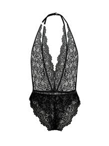 Floral Lace Plunge Teddy Bodysuit - Black - View 2