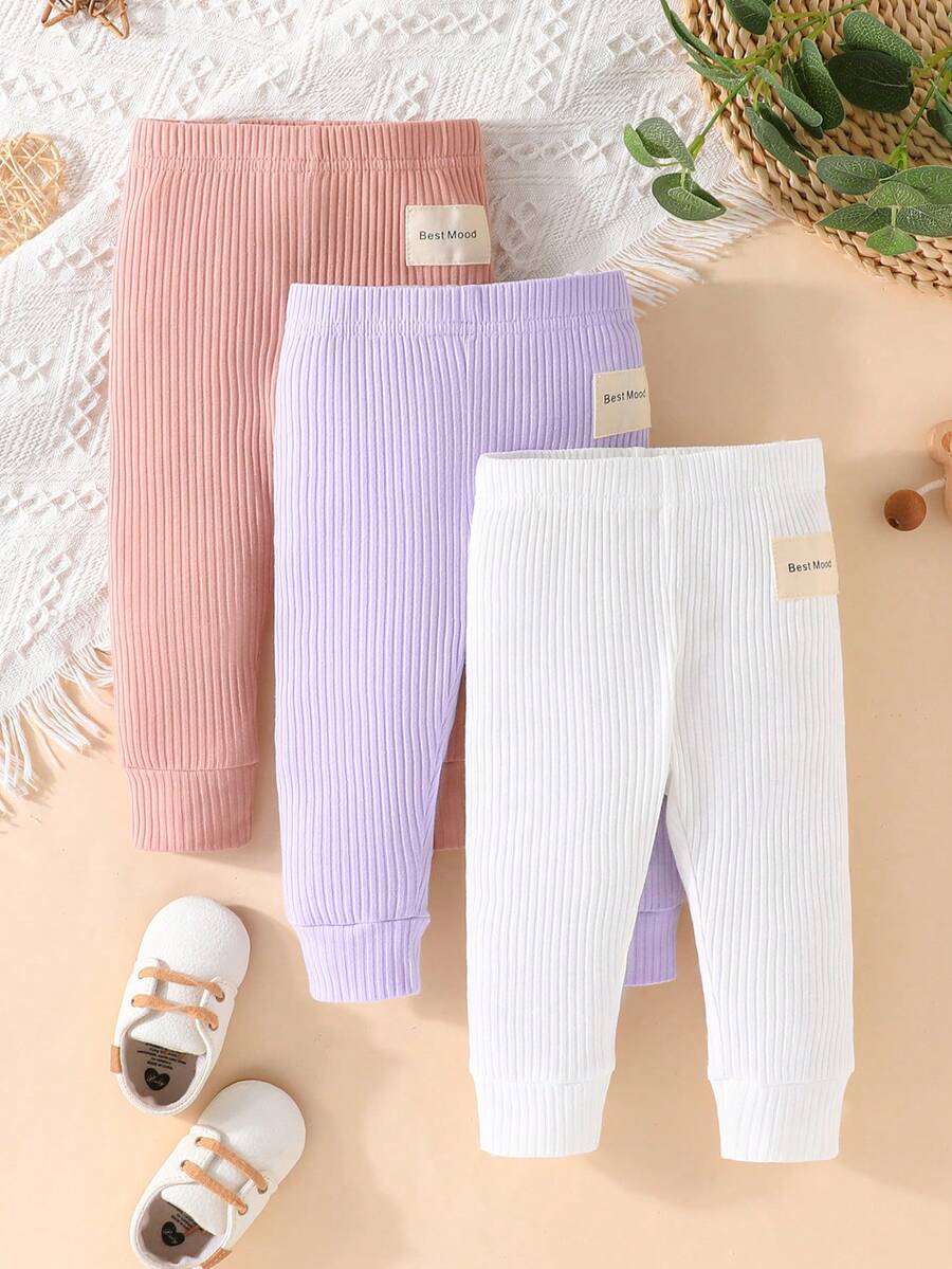 SHEIN Bebé niño 3 piezas Pantalones con diseño de parche de letra tejido de canalé - Multicolor - Ver 1