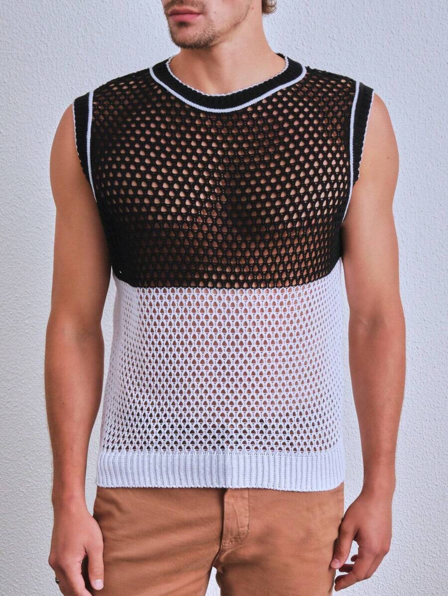 SHE(IN) BRASIL Men Two Tone Striped Trim Open Knit Top - Black and White - View 1