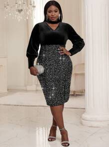 SHEIN Lady Plus Size Shiny Velvet Dress For Women - Multicolor - View 4