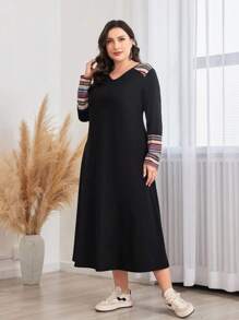 Lacomfia Plus Geo Print V Neck Dress Maxi Women Outfit