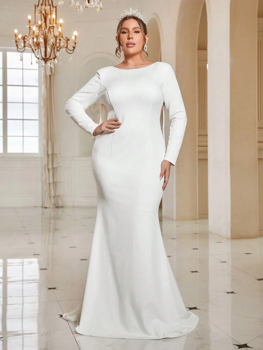 SHEIN Belle Hơn Viền rìa Không lưng Nàng tiên cá Hem Váy dự tiệc - trắng - Xem 1