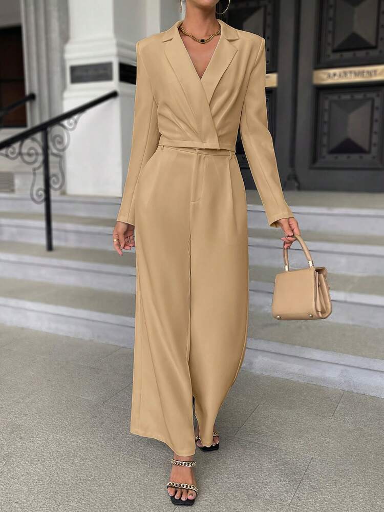Solid Lapel Neck Blazer & Wide Leg Pants