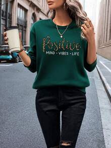 INAWLY Letter Graphic Drop Shoulder Sweatshirt - Dark Green - View 4
