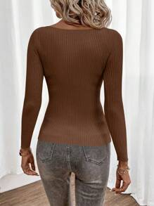 EURMUSE Solid Boat Neck Ribbed Knit Sweater - Coffee Brown - View 2