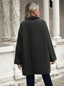 SHEIN LUNE Nút phía trước Viền không đối xứng Áo khoác Trench - màu đen - Xem 2