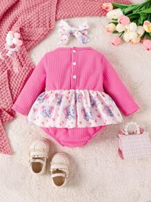 Đứa bé gái Tim & In hình con voi Viền Ruffle Nơ mặt trước Áo liền quần chặt Không có Dây buộc tóc - Hồng - Xem 2