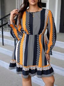 Celure 加大碼圓點印花荷葉袖荷葉邊裙裝 - 彩色 - 查看 2