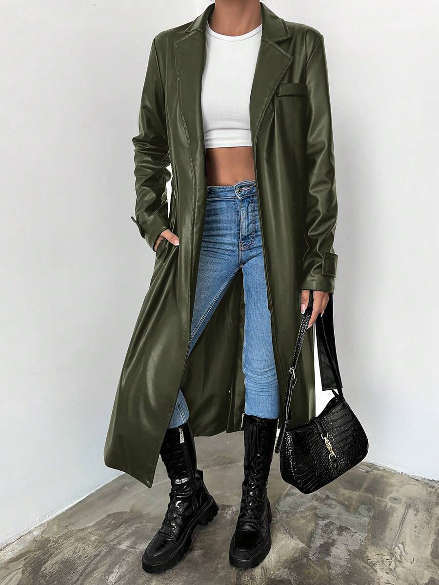 EURMUSE 西裝領腰帶風衣外套 - 綠色 - 查看 1