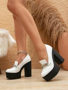 Women's Fashion New Metal Chain Punk Style Versatile Waterproof Platform Chunky High Heel Shoes For All Seasons - White - View 5