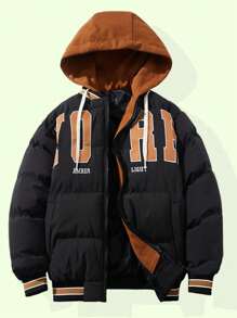 Manfinity 超大码男士字母刺绣条纹饰边抽绳连帽夹棉大衣 - 黑色 - 查看 1