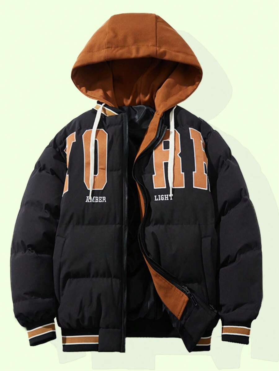 Manfinity 超大码男士字母刺绣条纹饰边抽绳连帽夹棉大衣 - 黑色 - 查看 1