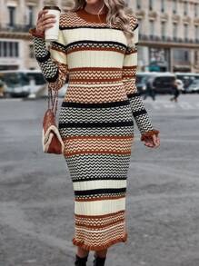 SHEIN Essnce Chevron & Hoa văn sọc Lá sen tỉa Đầm Áo len - Nhiều màu - Xem 5