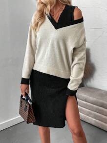 SHEIN LUNE Two Tone Drop Shoulder Sweater & Knit Dress - Multicolor - View 7