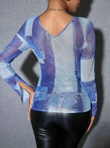 GENKIRA Blusa con estampado de retazo de cuello asimétrico con diseño de abertura - Multicolor - Ver 2