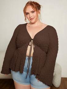 SHEIN CURVE+ 大碼前繫帶喇叭袖木耳邊T恤 - 棕色 - 查看 3