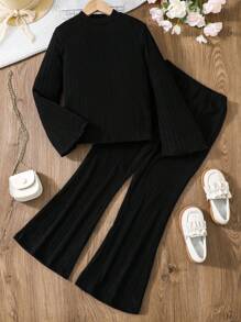 SHEIN Cô gái Tween Cổ giả Tay áo kèn  Áo thun & Quần ống loe - màu đen - Xem 1